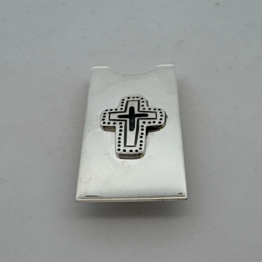 Estate 925 Sterling Silver Stylized Cross Rectangular Small Unisex Money Clip